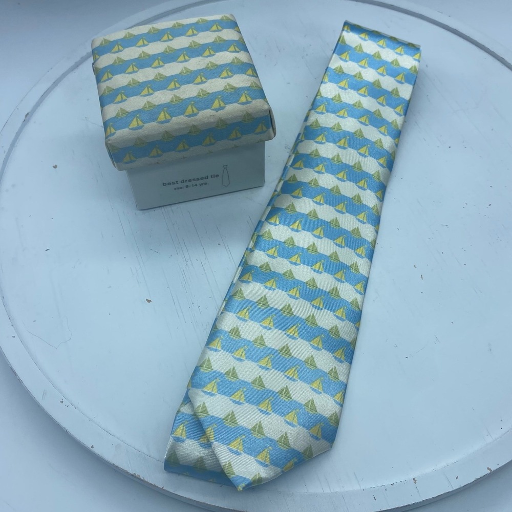 The Childrens Place Boys Sailboat Nautical Stripe Necktie Blue Green Age 8-14